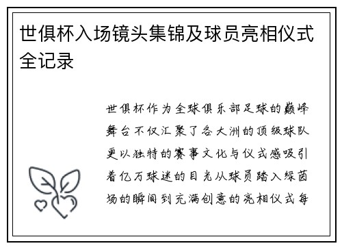 世俱杯入场镜头集锦及球员亮相仪式全记录