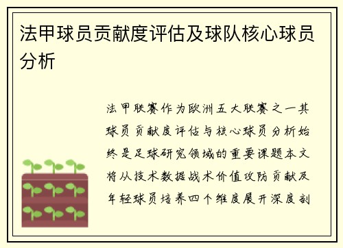 法甲球员贡献度评估及球队核心球员分析